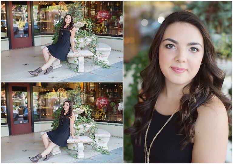 teenager posing for senior portraits on bench